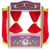 Hey! Play! Wooden Tabletop Puppet Theater with Curtains, Blackboard, and Clock- Inspires Imagination - Image 2